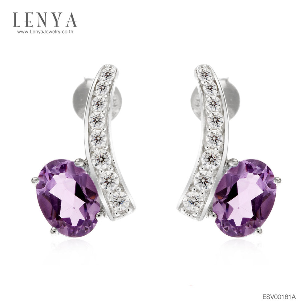 LENYA ต่างหูพลอยอเมทิสต์ เสริมความสงบใจ มีสติ มั่งคั่ง ขนาด 7x5 มิล ตัวเรือนเงินแท้925 ชุบทองคำขาว
