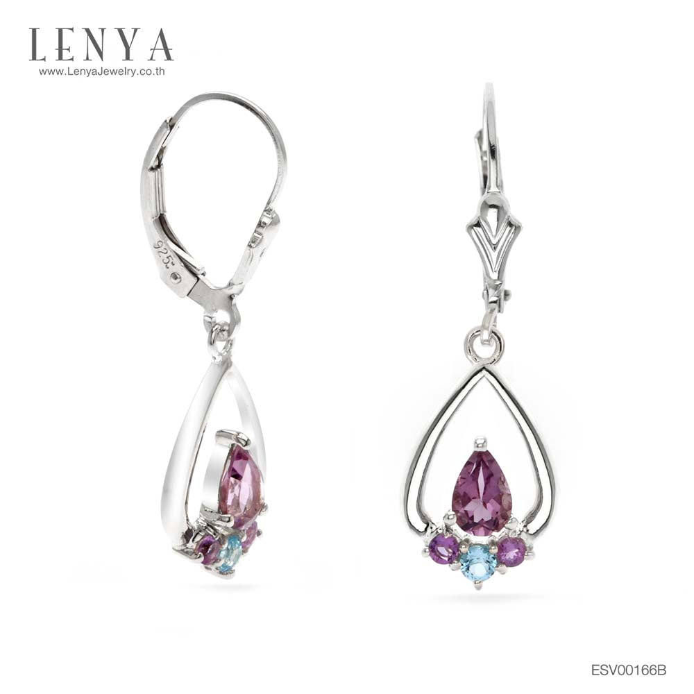 LENYA ต่างหูเงินแท้ 925 ชุบโรเดียม ประดับพลอยอเมทิสต์ (Amethyst) และ บลูโทแพซ (Blue Topaz)