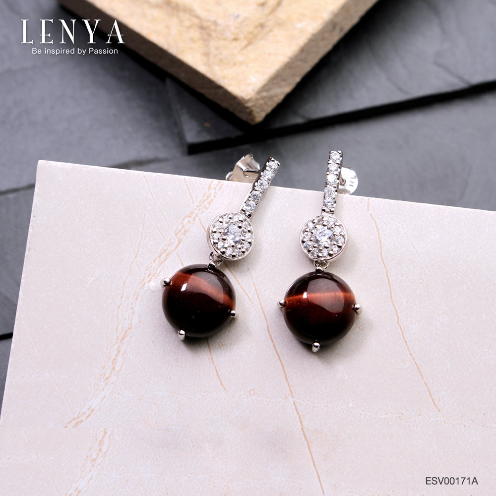 LENYA ต่างหูไทเกอร์อาย มีพลังปกป้องคุ้มครอง เสริมอำนาจบารมี ขนาด10มิล ตัวเรือนเงินแท้925 ชุบทองคำขาว