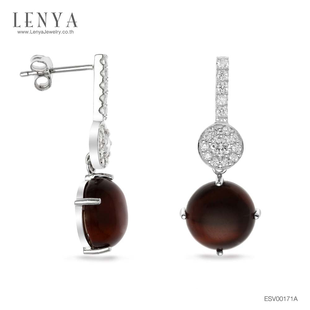 LENYA ต่างหูไทเกอร์อาย มีพลังปกป้องคุ้มครอง เสริมอำนาจบารมี ขนาด10มิล ตัวเรือนเงินแท้925 ชุบทองคำขาว