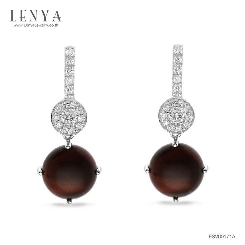 LENYA ต่างหูไทเกอร์อาย มีพลังปกป้องคุ้มครอง เสริมอำนาจบารมี ขนาด10มิล ตัวเรือนเงินแท้925 ชุบทองคำขาว