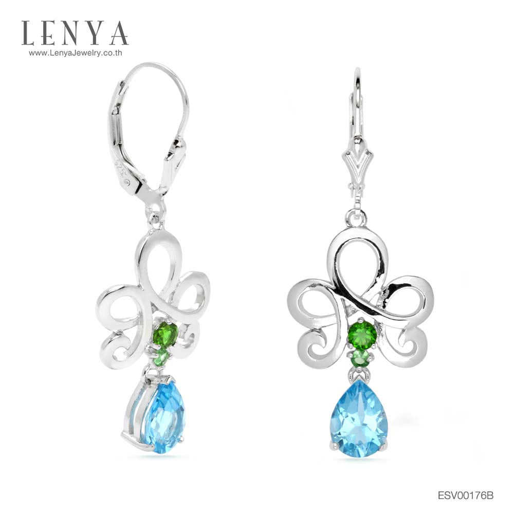 LENYA ต่างหูพลอยบลูโทแพซ เสริมความมั่นใจ ชัดเจน ปัญญา ขนาด 8x6 มิล ตัวเรือนเงินแท้925 ชุบทองคำขาว