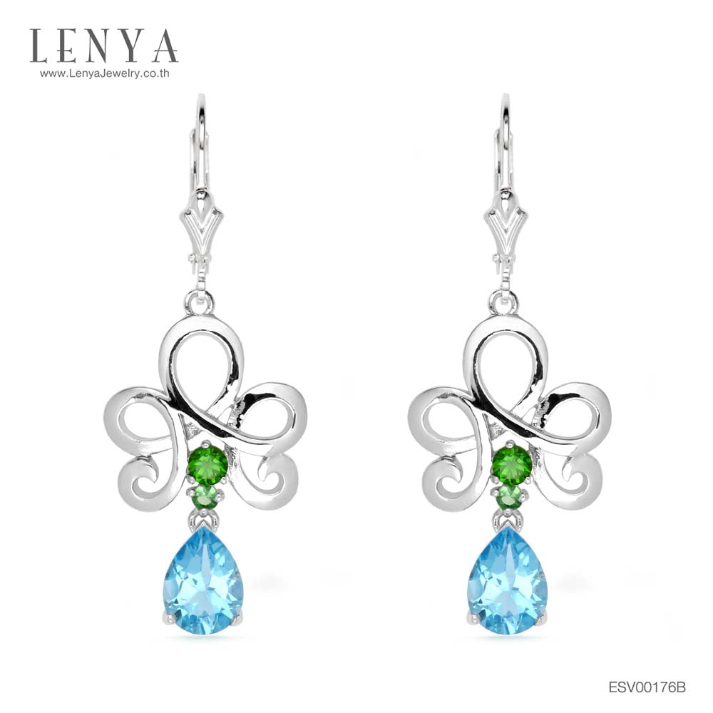 LENYA ต่างหูพลอยบลูโทแพซ เสริมความมั่นใจ ชัดเจน ปัญญา ขนาด 8x6 มิล ตัวเรือนเงินแท้925 ชุบทองคำขาว