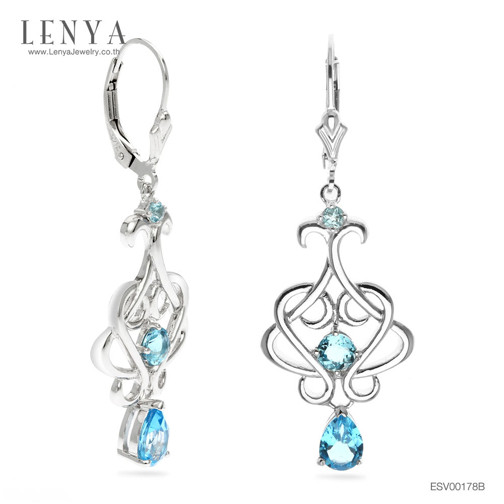 LENYA ต่างหูพลอยบลูโทแพซ เสริมความมั่นใจ ชัดเจน ปัญญา ขนาด 7x5 มิล ตัวเรือนเงินแท้925 ชุบทองคำขาว