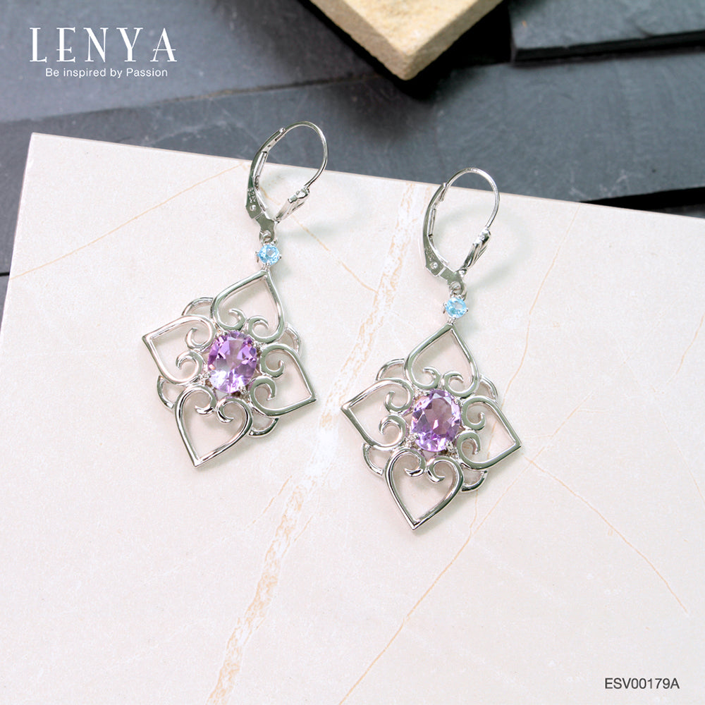 LENYA ต่างหูพลอยอเมทิสต์ เสริมความสงบใจ มีสติ มั่งคั่ง ขนาด 8x6 มิล ตัวเรือนเงินแท้925 ชุบทองคำขาว