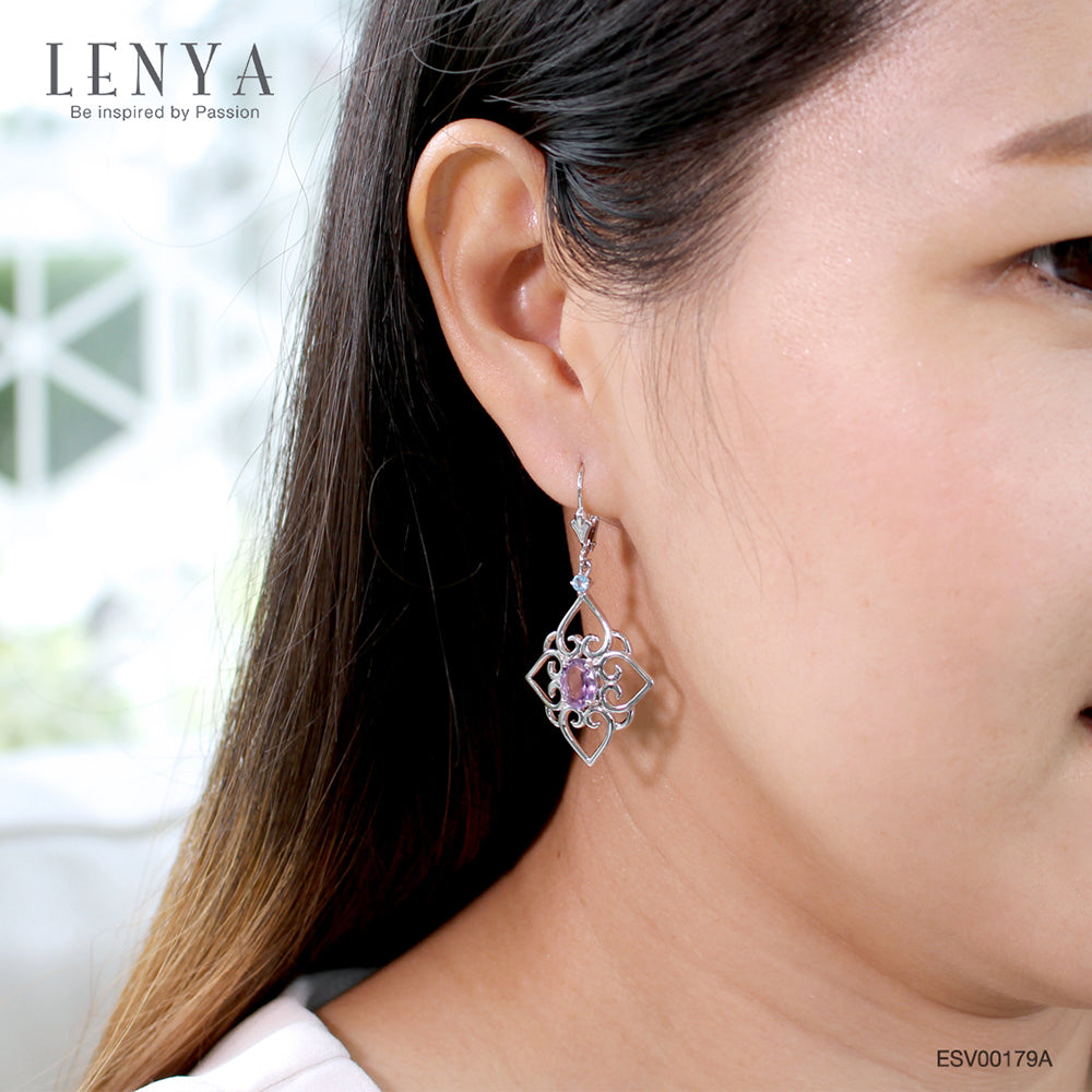 LENYA ต่างหูพลอยอเมทิสต์ เสริมความสงบใจ มีสติ มั่งคั่ง ขนาด 8x6 มิล ตัวเรือนเงินแท้925 ชุบทองคำขาว