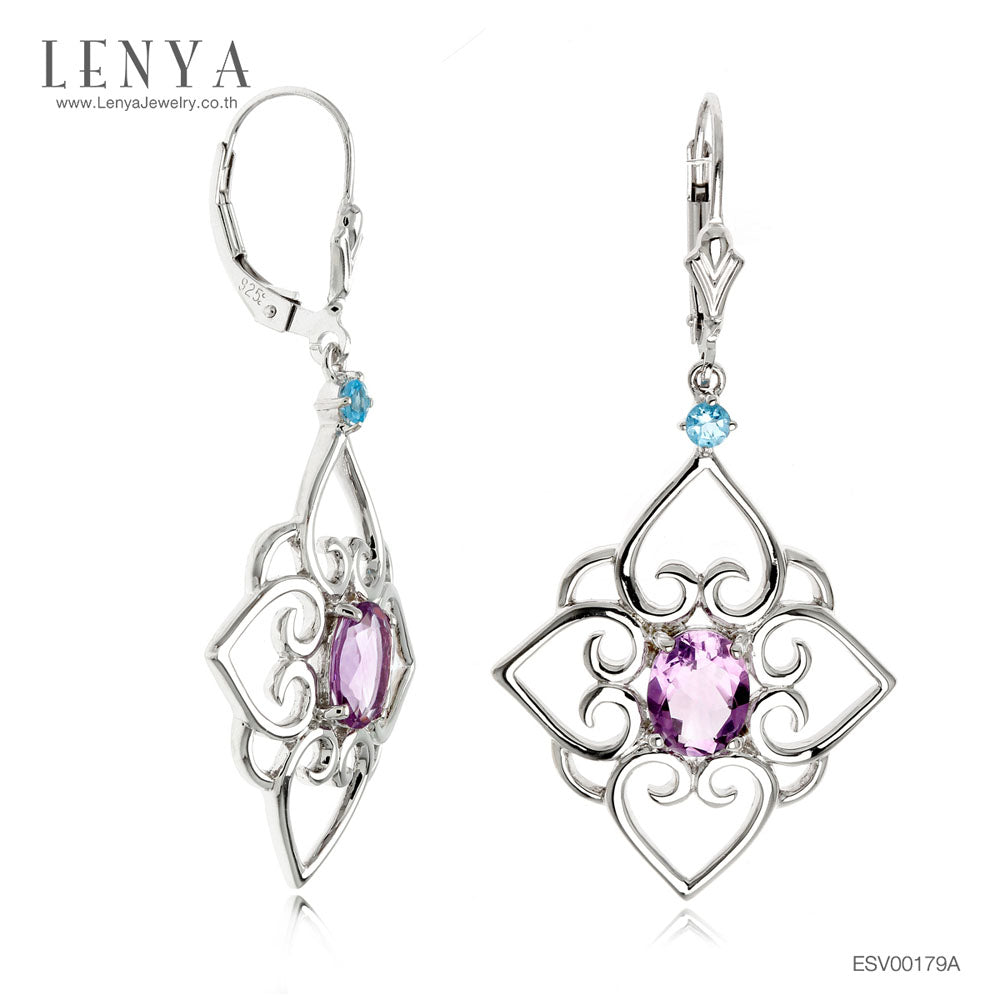 LENYA ต่างหูพลอยอเมทิสต์ เสริมความสงบใจ มีสติ มั่งคั่ง ขนาด 8x6 มิล ตัวเรือนเงินแท้925 ชุบทองคำขาว