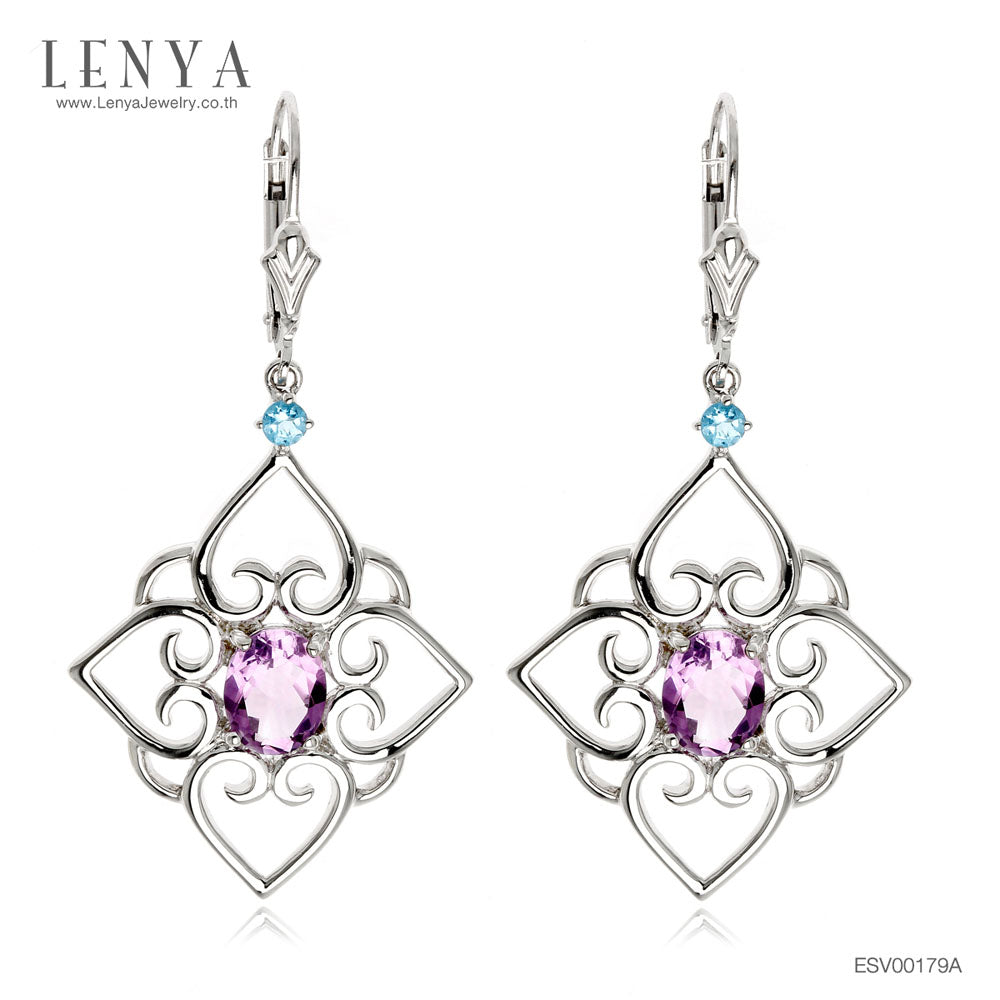 LENYA ต่างหูพลอยอเมทิสต์ เสริมความสงบใจ มีสติ มั่งคั่ง ขนาด 8x6 มิล ตัวเรือนเงินแท้925 ชุบทองคำขาว