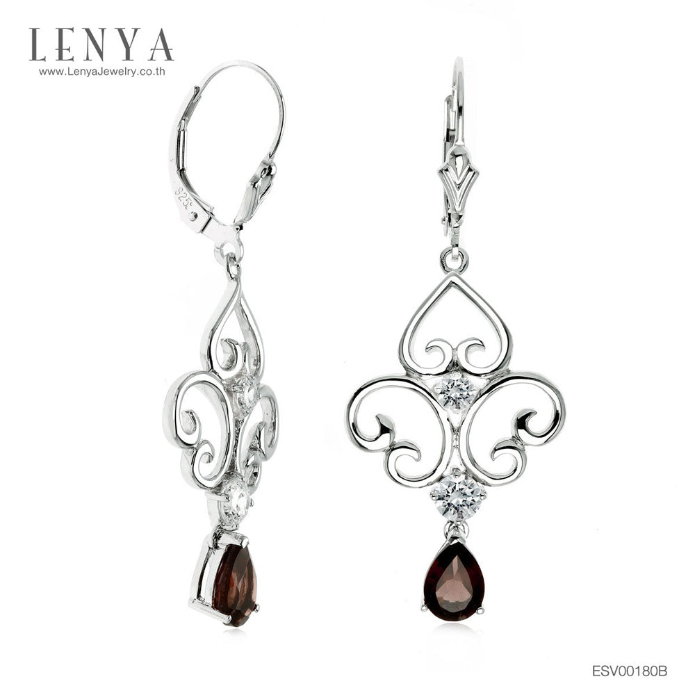 LENYA ต่างหูประดับด้วยพลอยสโมคกี้ควอตซ์(Smoky Quartz) ตัวเรือนเงินแท้ 925 ชุบทองขาว