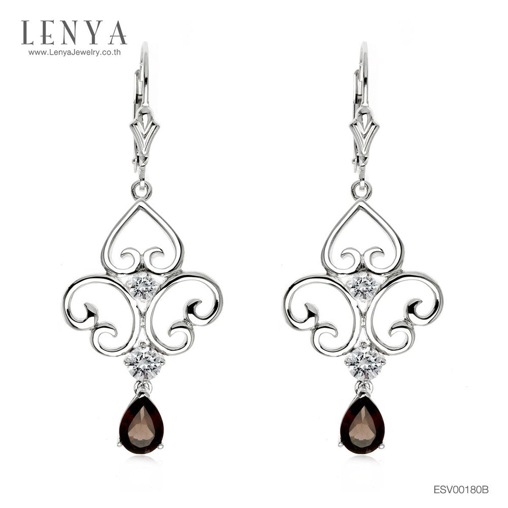 LENYA ต่างหูประดับด้วยพลอยสโมคกี้ควอตซ์(Smoky Quartz) ตัวเรือนเงินแท้ 925 ชุบทองขาว