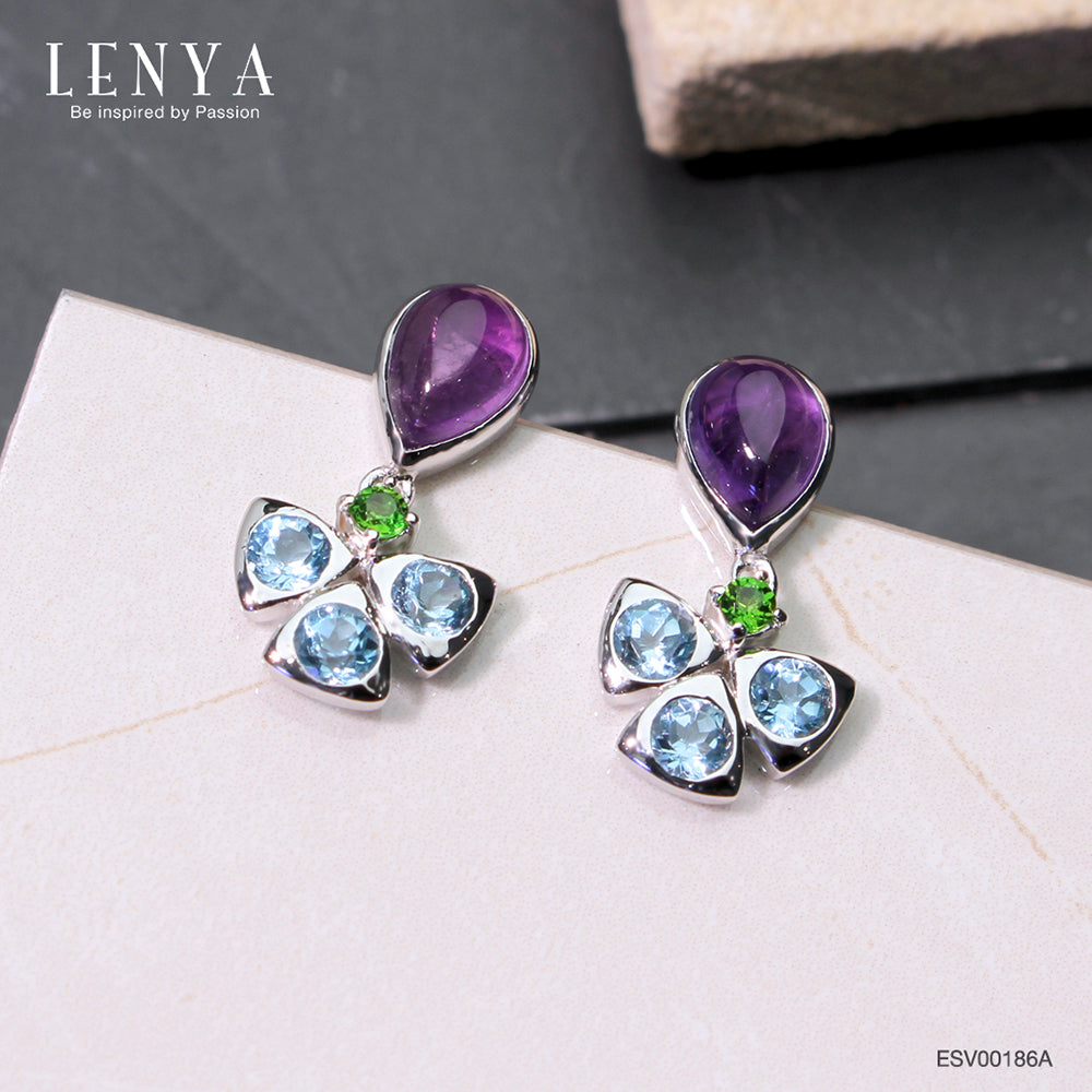 LENYA ต่างหูพลอยอเมทิสต์ เสริมความสงบใจ มีสติ มั่งคั่ง ขนาด 7x5 มิล ตัวเรือนเงินแท้925 ชุบทองคำขาว