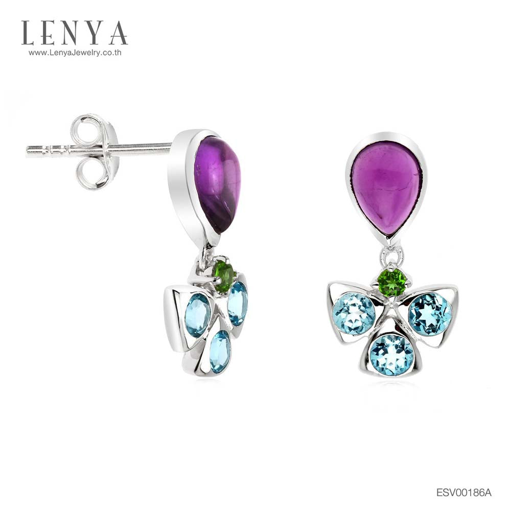 LENYA ต่างหูพลอยอเมทิสต์ เสริมความสงบใจ มีสติ มั่งคั่ง ขนาด 7x5 มิล ตัวเรือนเงินแท้925 ชุบทองคำขาว