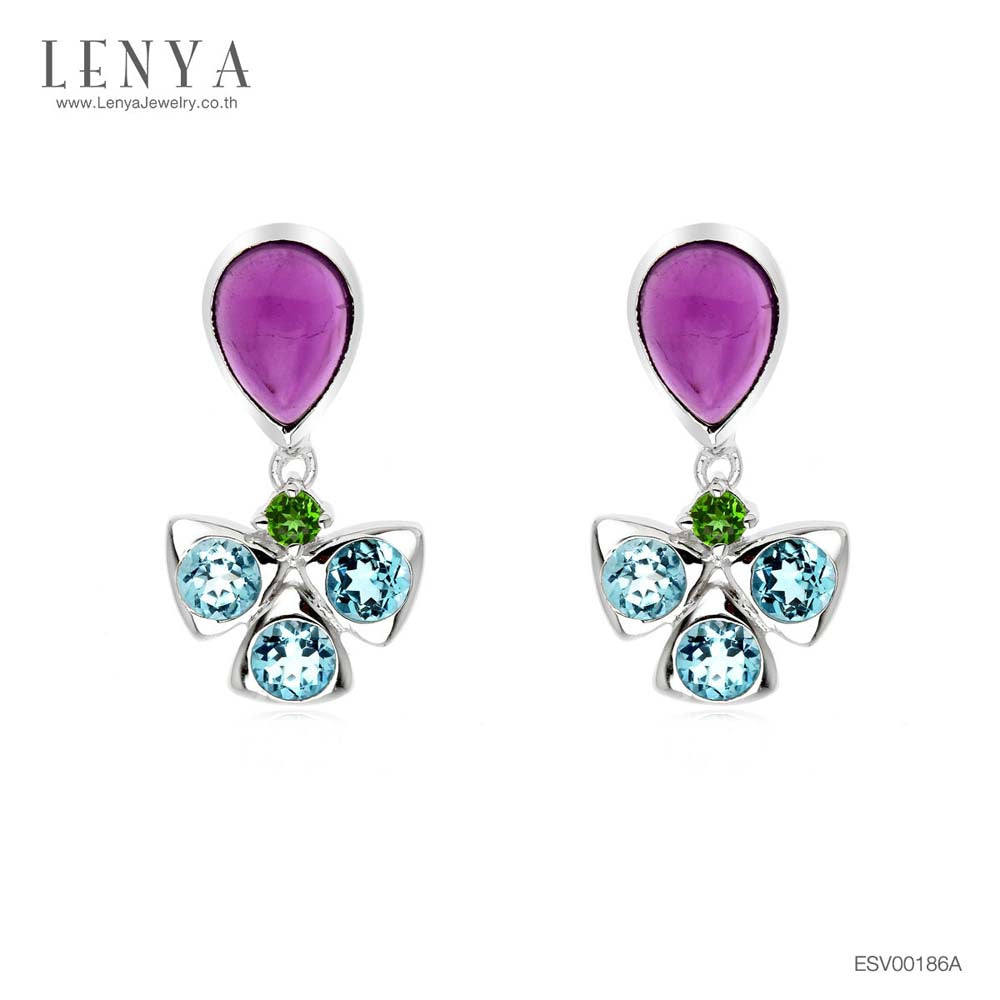 LENYA ต่างหูพลอยอเมทิสต์ เสริมความสงบใจ มีสติ มั่งคั่ง ขนาด 7x5 มิล ตัวเรือนเงินแท้925 ชุบทองคำขาว
