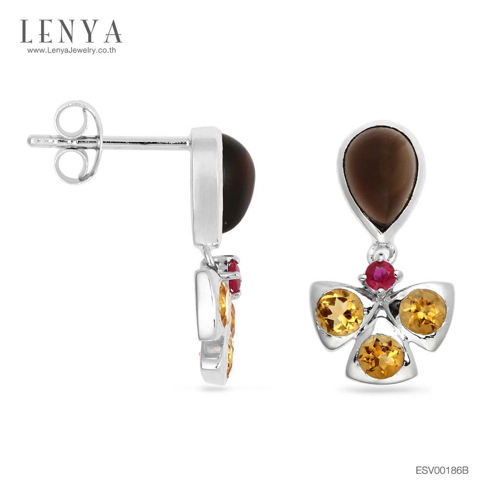 LENYA ต่างหูพลอยสโมคกี้ควอตซ์ เสริมพลังในการปกป้องคุ้มครอง ขนาด 7 มิล ตัวเรือนเงินแท้925 ชุบทองคำขาว
