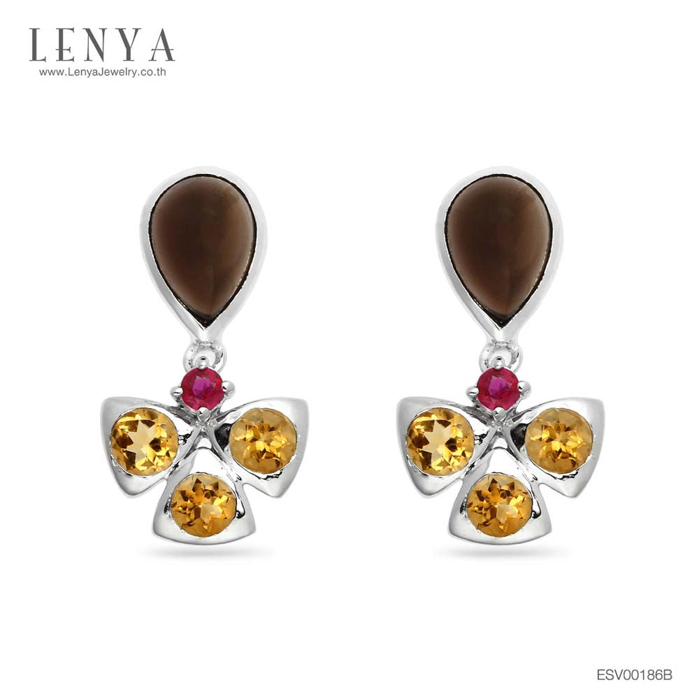 LENYA ต่างหูพลอยสโมคกี้ควอตซ์ เสริมพลังในการปกป้องคุ้มครอง ขนาด 7 มิล ตัวเรือนเงินแท้925 ชุบทองคำขาว