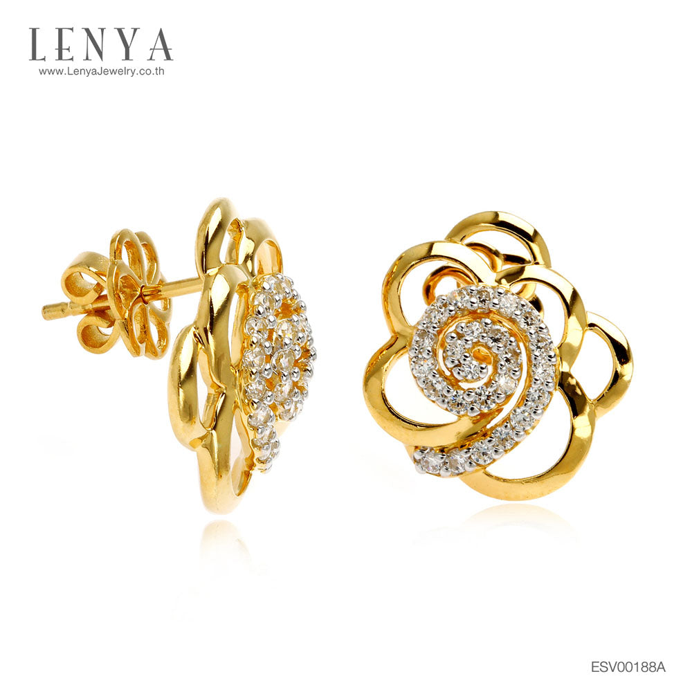 LENYA ต่างหูดอกไม้ ตัวเรือนเงินแท้ 925 ชุบทองคำ ประดับด้วย คิวบิกเซอร์โคเนีย (Cubic Zirconia) สีขาวสวยงาม