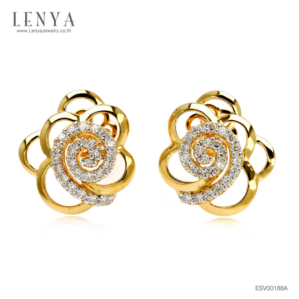 LENYA ต่างหูดอกไม้ ตัวเรือนเงินแท้ 925 ชุบทองคำ ประดับด้วย คิวบิกเซอร์โคเนีย (Cubic Zirconia) สีขาวสวยงาม