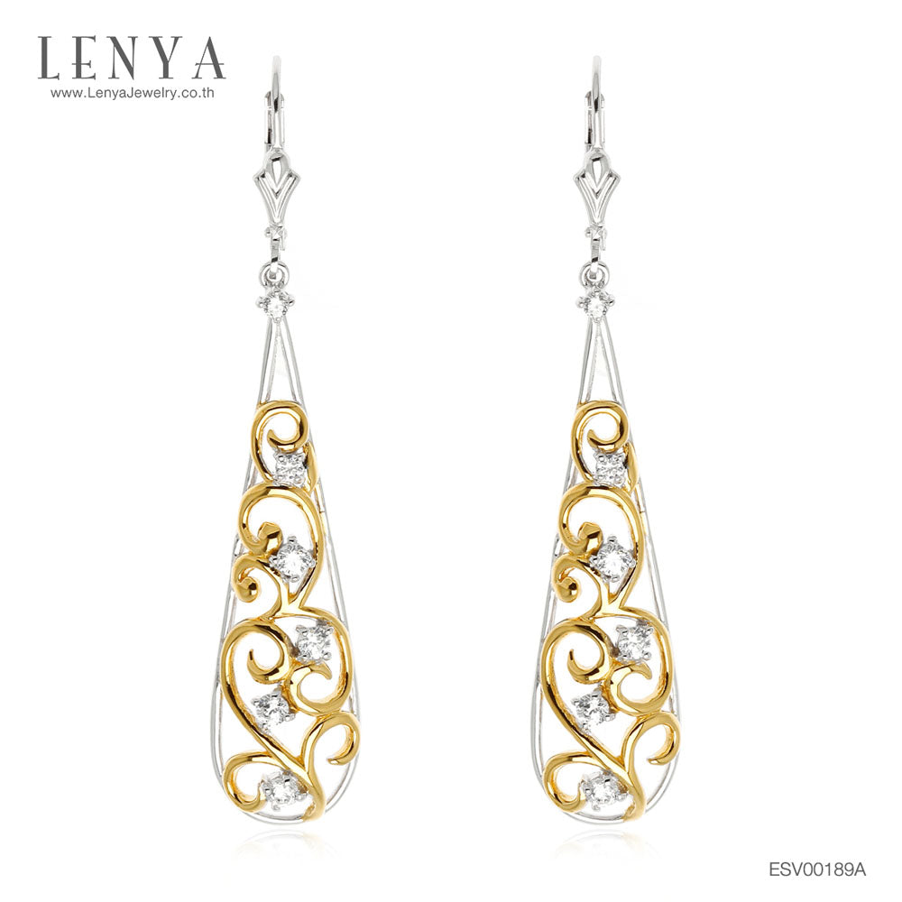 LENYA ต่างหูตัวเรือนเงินแท้ 925 ชุบทูโทน ทองขาวและทอง ประดับด้วยพลอย คิวบิกเซอร์โคเนีย (Cubic Zirconia) สวยไม่ซ้ำใคร
