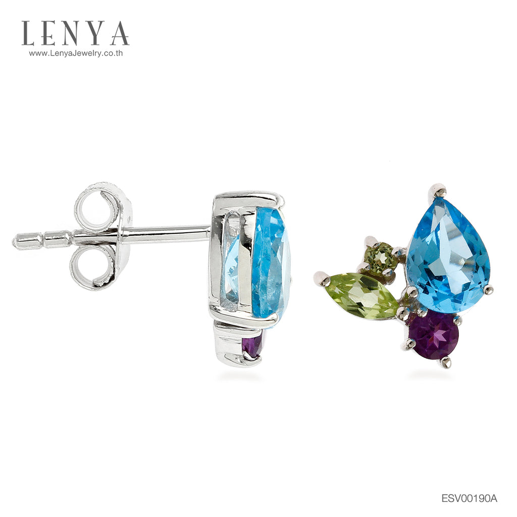 LENYA ต่างหูพลอยบลูโทแพซ เสริมความมั่นใจ ชัดเจน ปัญญา ขนาด 7x5 มิล ตัวเรือนเงินแท้925 ชุบทองคำขาว