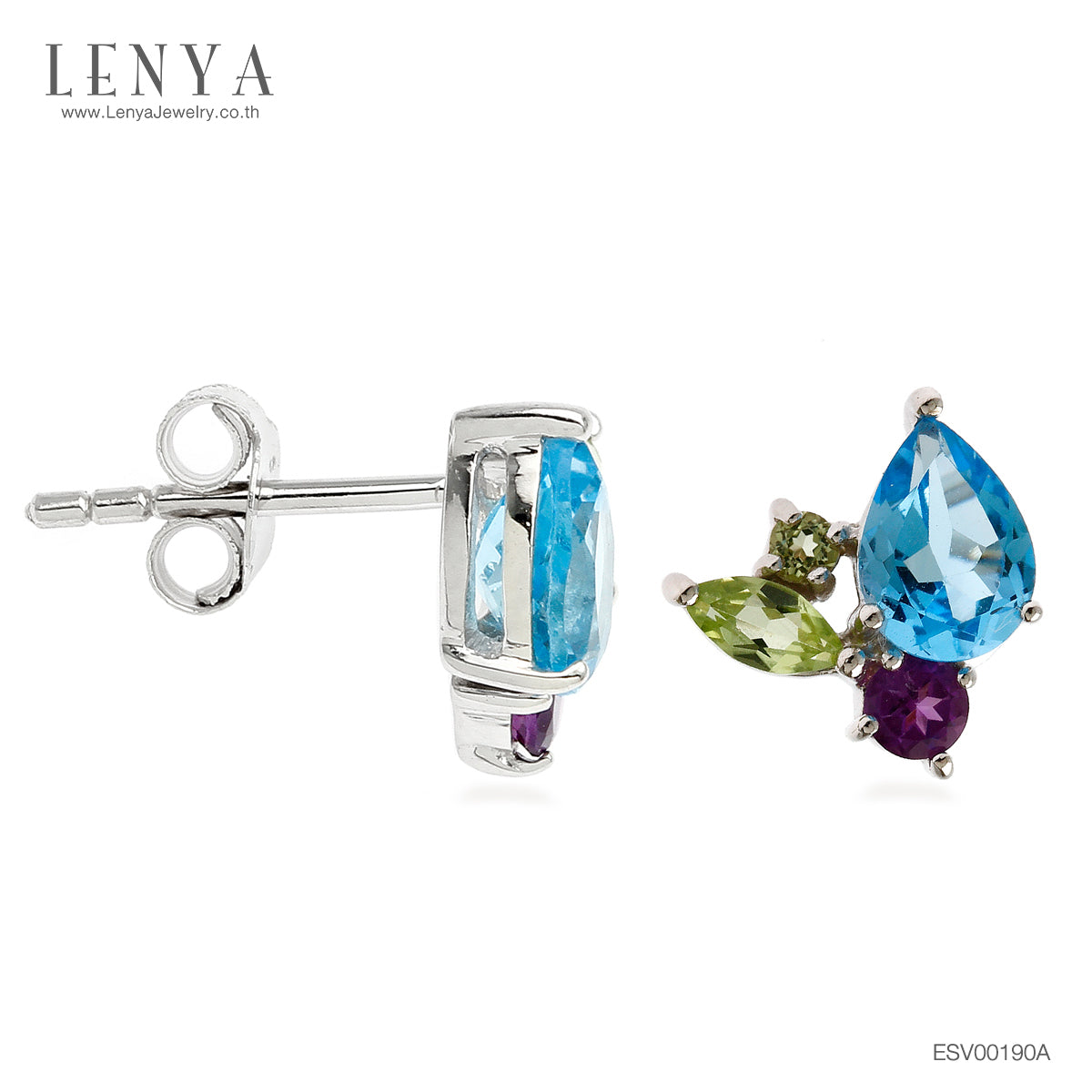 LENYA ต่างหูพลอยบลูโทแพซ เสริมความมั่นใจ ชัดเจน ปัญญา ขนาด 7x5 มิล ตัวเรือนเงินแท้925 ชุบทองคำขาว