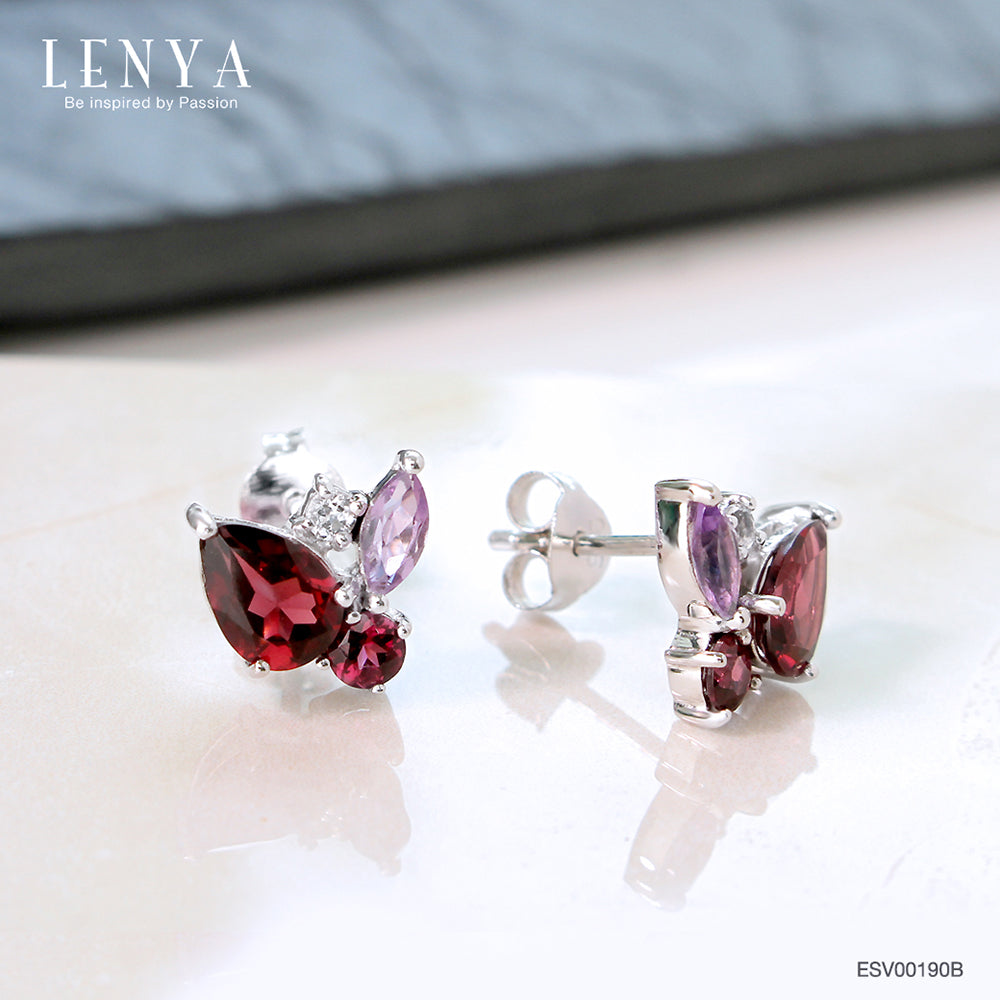 LENYA ต่างหูพลอยโรโดไลท์ เสริมความรัก ความสัมพันธ์ ขนาด 7x5 มิล ตัวเรือนเงินแท้925 ชุบทองคำขาว