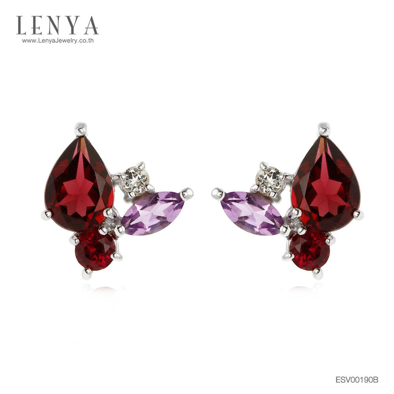 LENYA ต่างหูพลอยโรโดไลท์ เสริมความรัก ความสัมพันธ์ ขนาด 7x5 มิล ตัวเรือนเงินแท้925 ชุบทองคำขาว