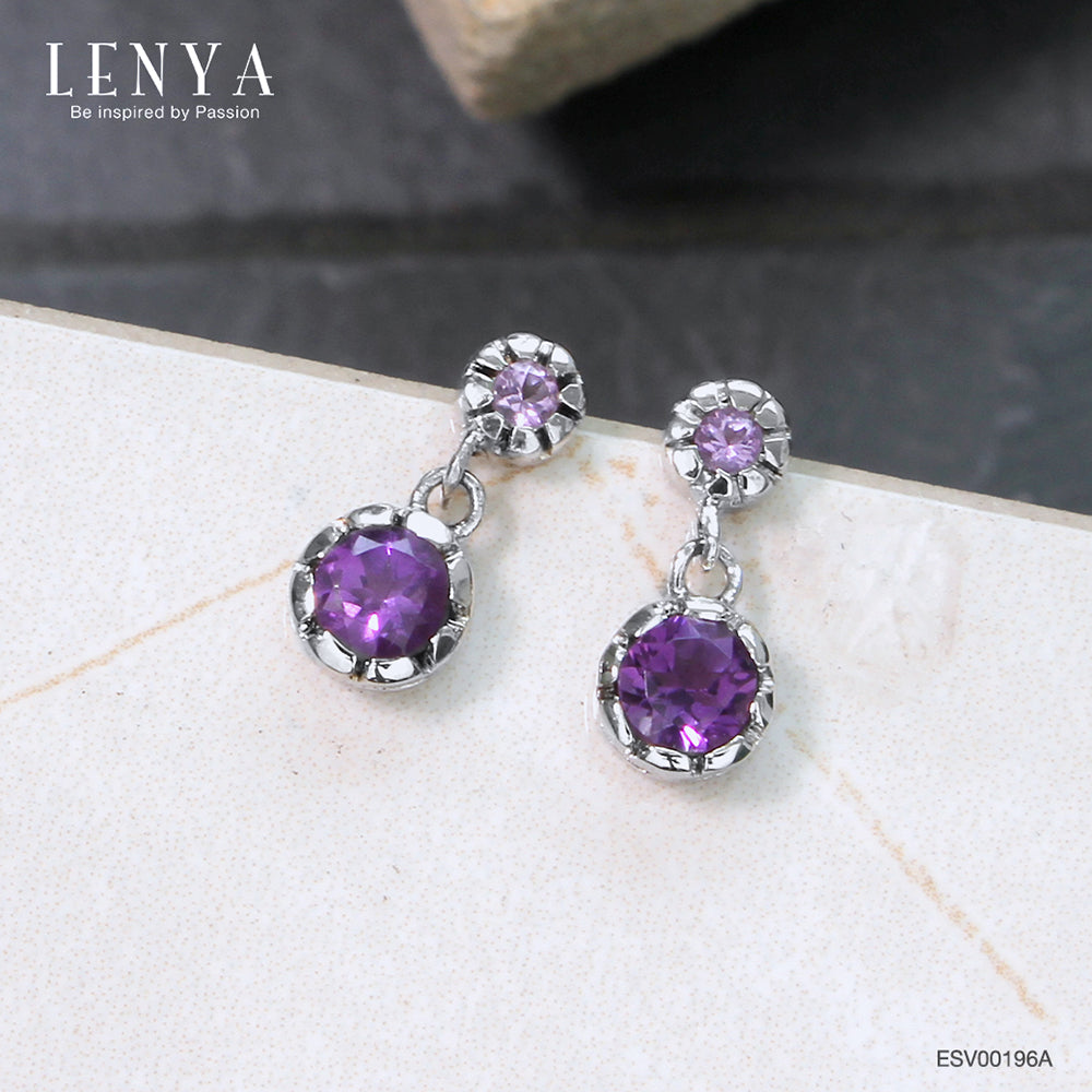 LENYA ต่างหูพลอยอเมทิสต์ เสริมความสงบใจ ขนาด 3 มิล ตัวเรือนเงินแท้925 ชุบทองคำขาว