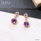LENYA ต่างหูเงินแท้ 925 ชุปพิงค์โกลด์ ประดับพลอย สีม่วงอเมทิสต์ (Amethyst)  เล็ก หรูดีไซน์ สวย ใส น่ารัก  สไตล์เกาหลี ญี่ปุ่น สวมใส่ได้ทุกโอกาส