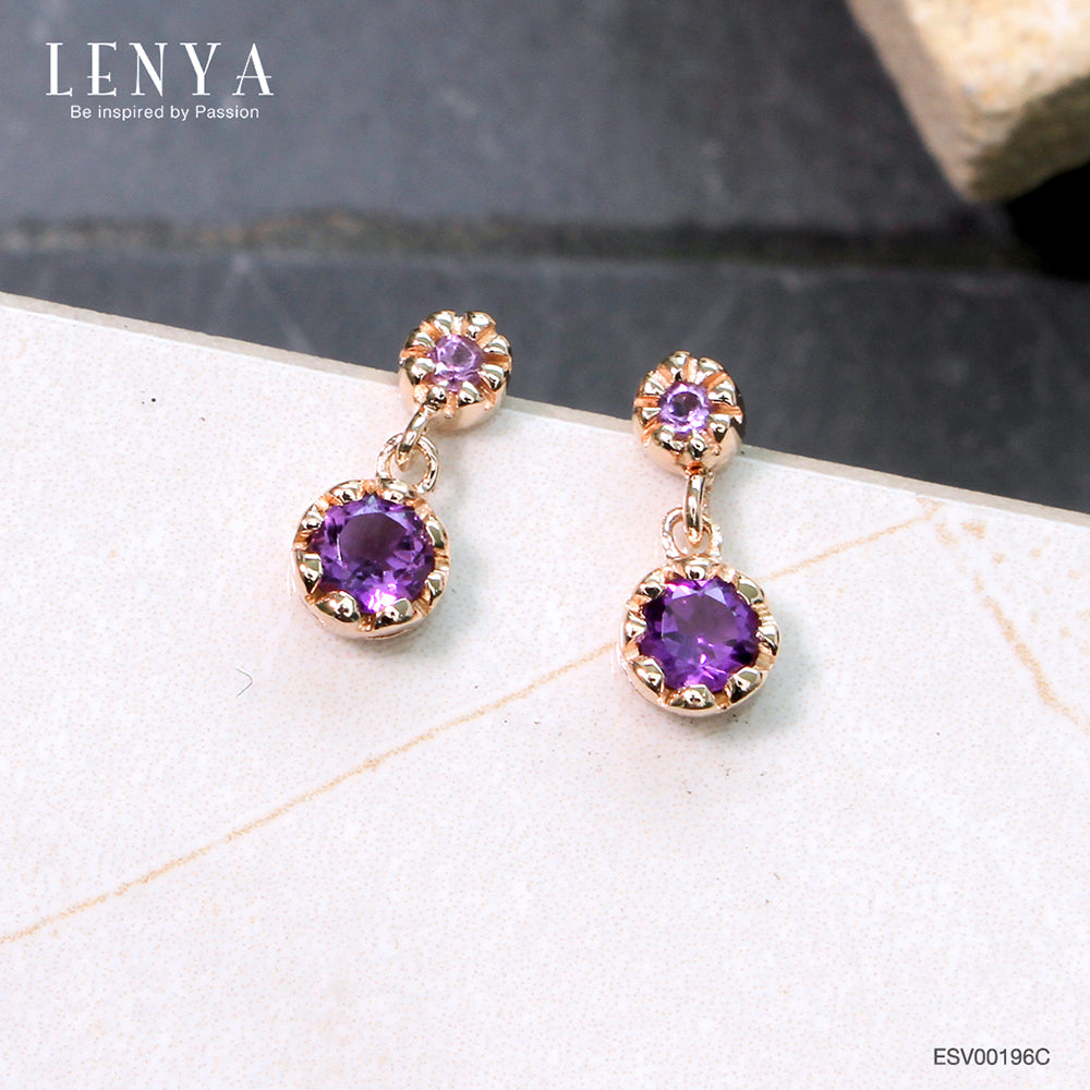 LENYA ต่างหูเงินแท้ 925 ชุปพิงค์โกลด์ ประดับพลอย สีม่วงอเมทิสต์ (Amethyst)  เล็ก หรูดีไซน์ สวย ใส น่ารัก  สไตล์เกาหลี ญี่ปุ่น สวมใส่ได้ทุกโอกาส