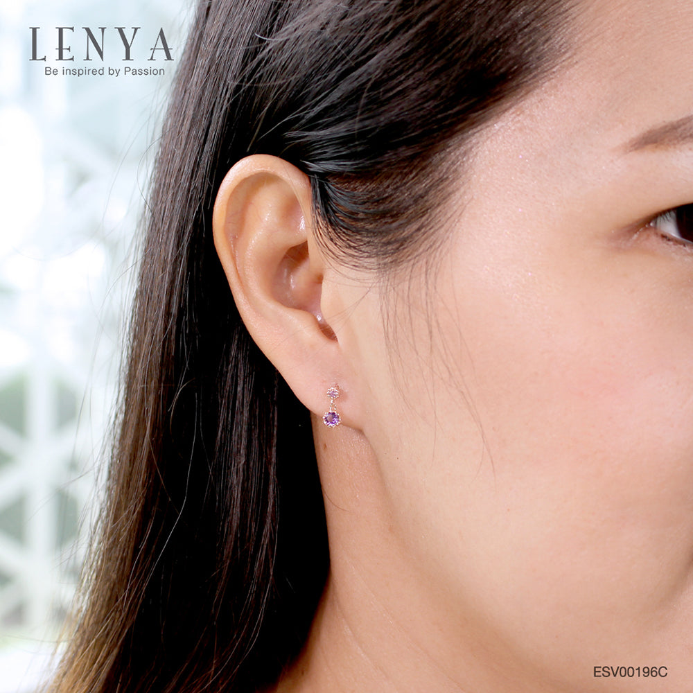 LENYA ต่างหูเงินแท้ 925 ชุปพิงค์โกลด์ ประดับพลอย สีม่วงอเมทิสต์ (Amethyst)  เล็ก หรูดีไซน์ สวย ใส น่ารัก  สไตล์เกาหลี ญี่ปุ่น สวมใส่ได้ทุกโอกาส
