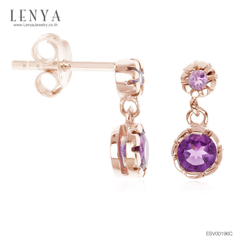 LENYA ต่างหูเงินแท้ 925 ชุปพิงค์โกลด์ ประดับพลอย สีม่วงอเมทิสต์ (Amethyst)  เล็ก หรูดีไซน์ สวย ใส น่ารัก  สไตล์เกาหลี ญี่ปุ่น สวมใส่ได้ทุกโอกาส