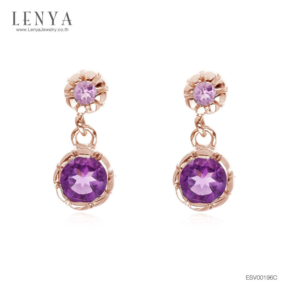 LENYA ต่างหูเงินแท้ 925 ชุปพิงค์โกลด์ ประดับพลอย สีม่วงอเมทิสต์ (Amethyst)  เล็ก หรูดีไซน์ สวย ใส น่ารัก  สไตล์เกาหลี ญี่ปุ่น สวมใส่ได้ทุกโอกาส