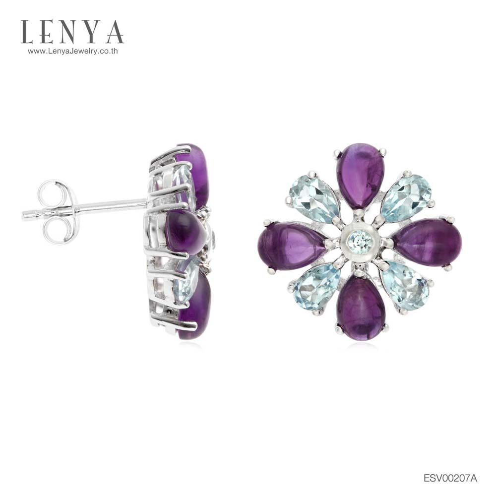 LENYA ต่างหูพลอยอเมทิสต์ เสริมความสงบใจ มีสติ มั่งคั่ง ขนาด 6x4 มิล ตัวเรือนเงินแท้925 ชุบทองคำขาว