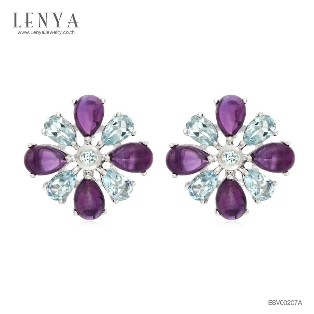 LENYA ต่างหูพลอยอเมทิสต์ เสริมความสงบใจ มีสติ มั่งคั่ง ขนาด 6x4 มิล ตัวเรือนเงินแท้925 ชุบทองคำขาว