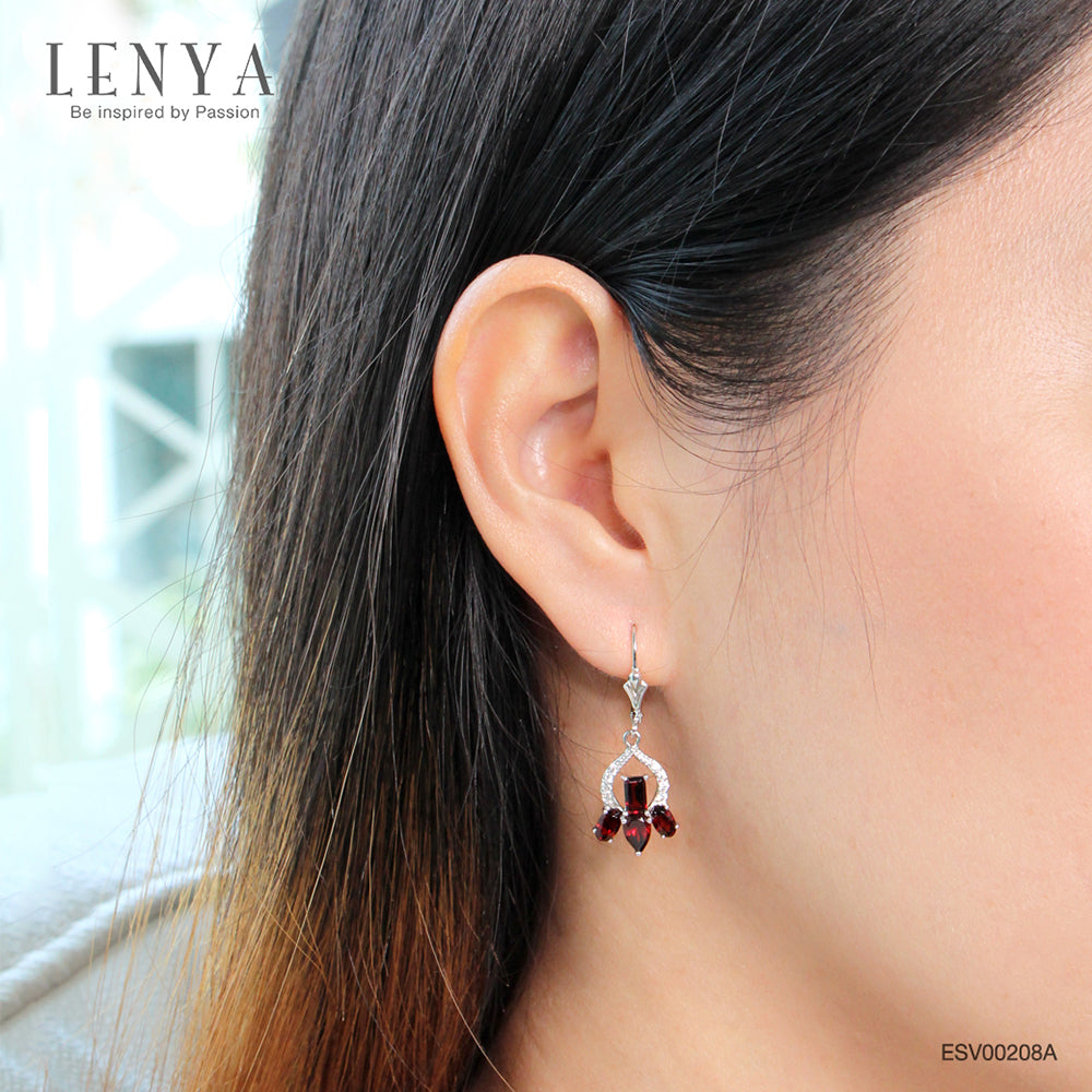 LENYA ต่างหูพลอยโกเมน เสริมด้านใจแกร่ง สำเร็จ มั่นคง ขนาด 6x4 มิล ตัวเรือนเงินแท้925 ชุบทองคำขาว