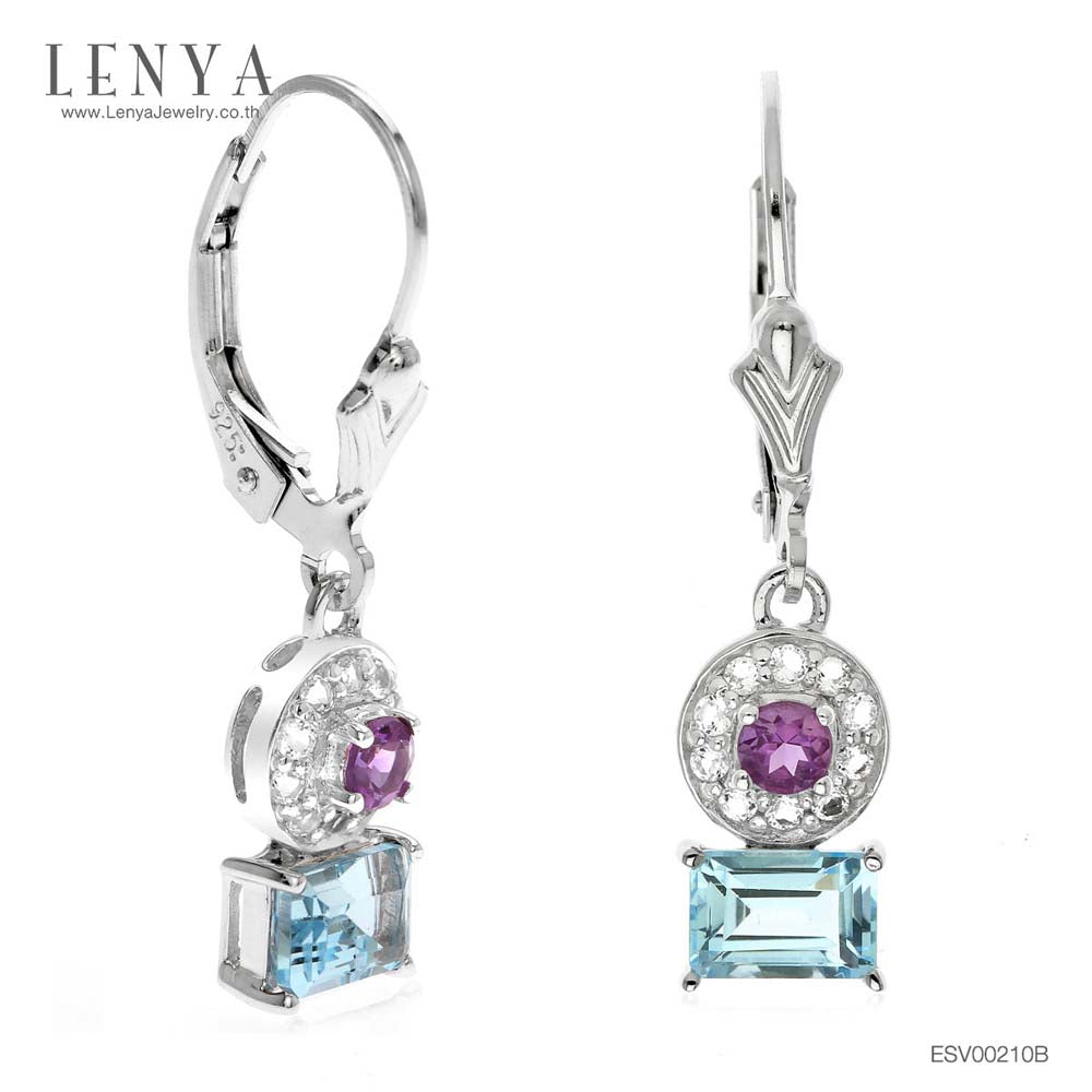LENYA ต่างหูพลอยบลูโทแพซ เสริมความมั่นใจ ชัดเจน ปัญญา ขนาด 6x4 มิล ตัวเรือนเงินแท้925 ชุบทองคำขาว
