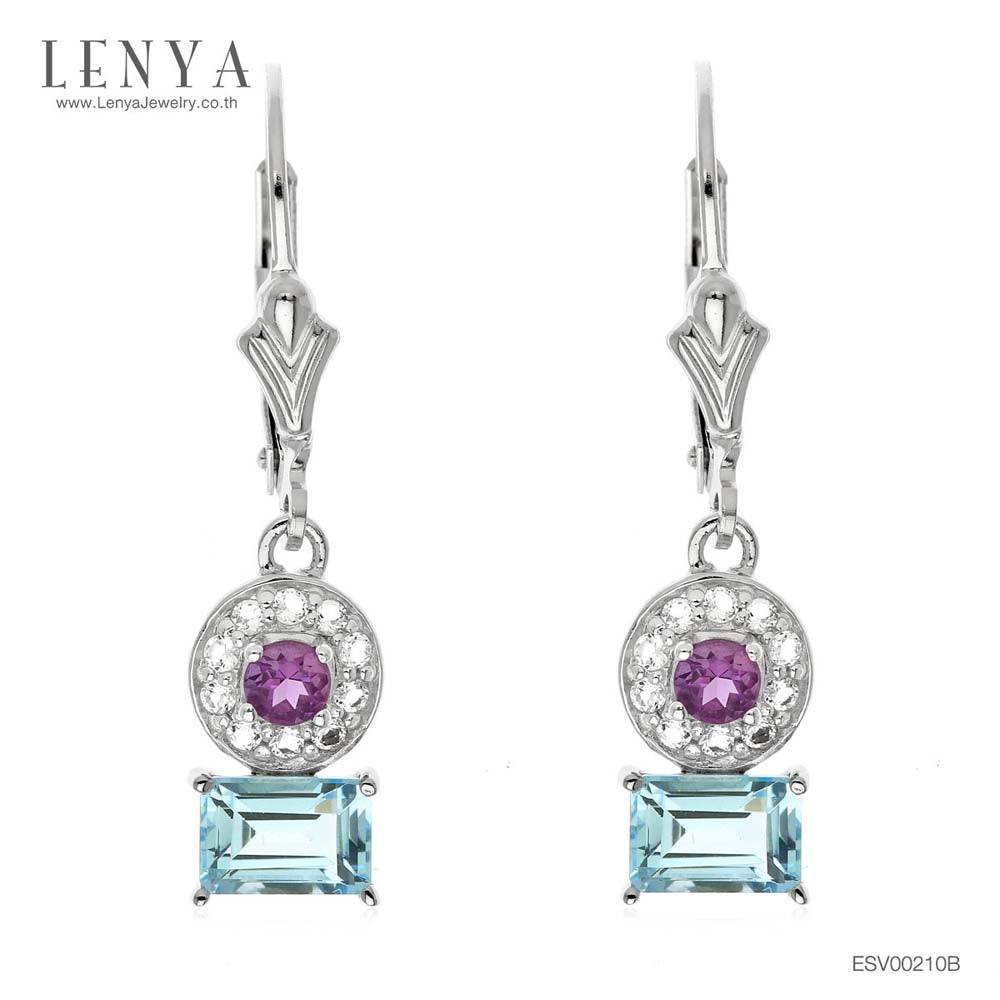 LENYA ต่างหูพลอยบลูโทแพซ เสริมความมั่นใจ ชัดเจน ปัญญา ขนาด 6x4 มิล ตัวเรือนเงินแท้925 ชุบทองคำขาว