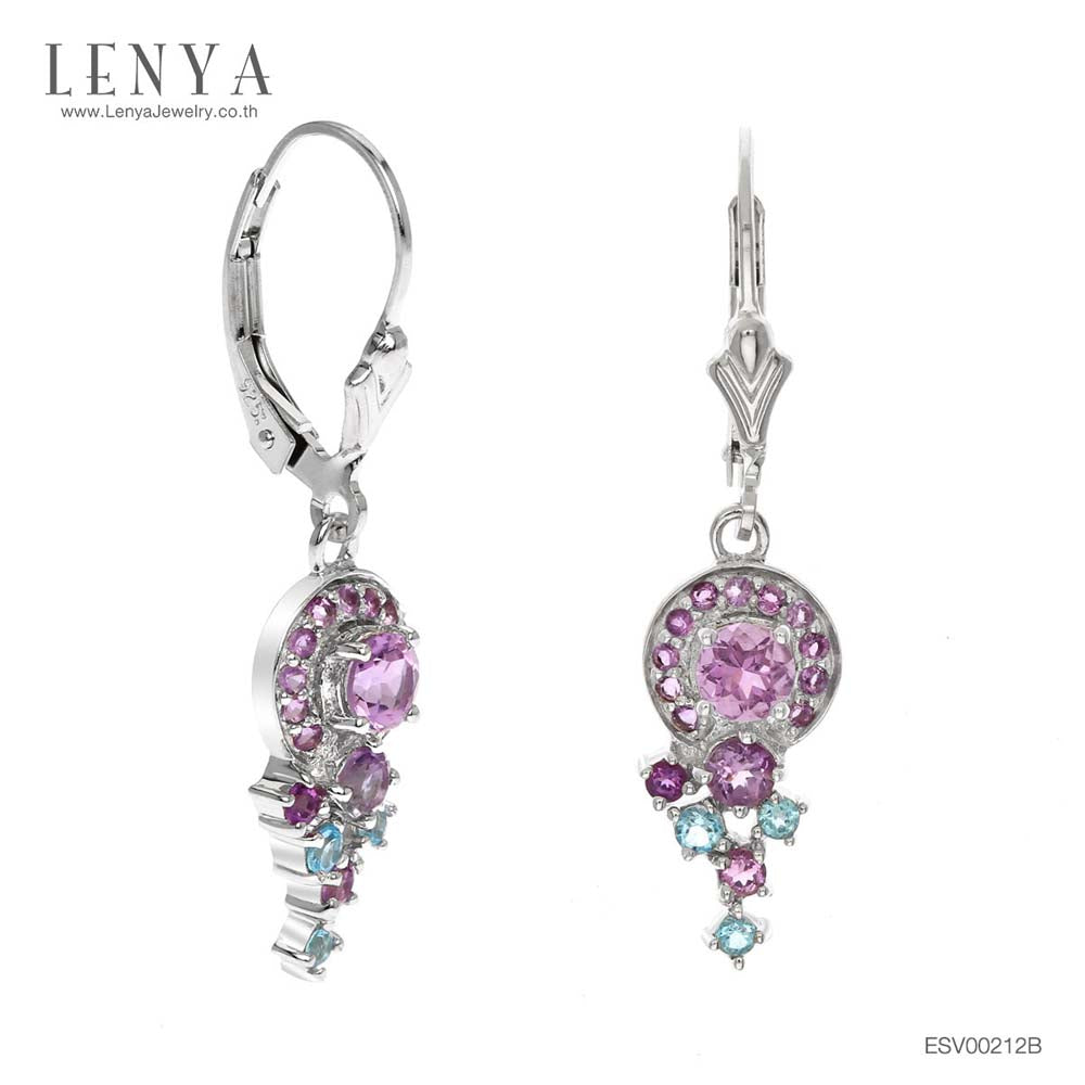 LENYA ต่างหูพลอยอเมทิสต์ เสริมความสงบใจ มีสติ มั่งคั่ง ขนาด 4 มิล ตัวเรือนเงินแท้925 ชุบทองคำขาว