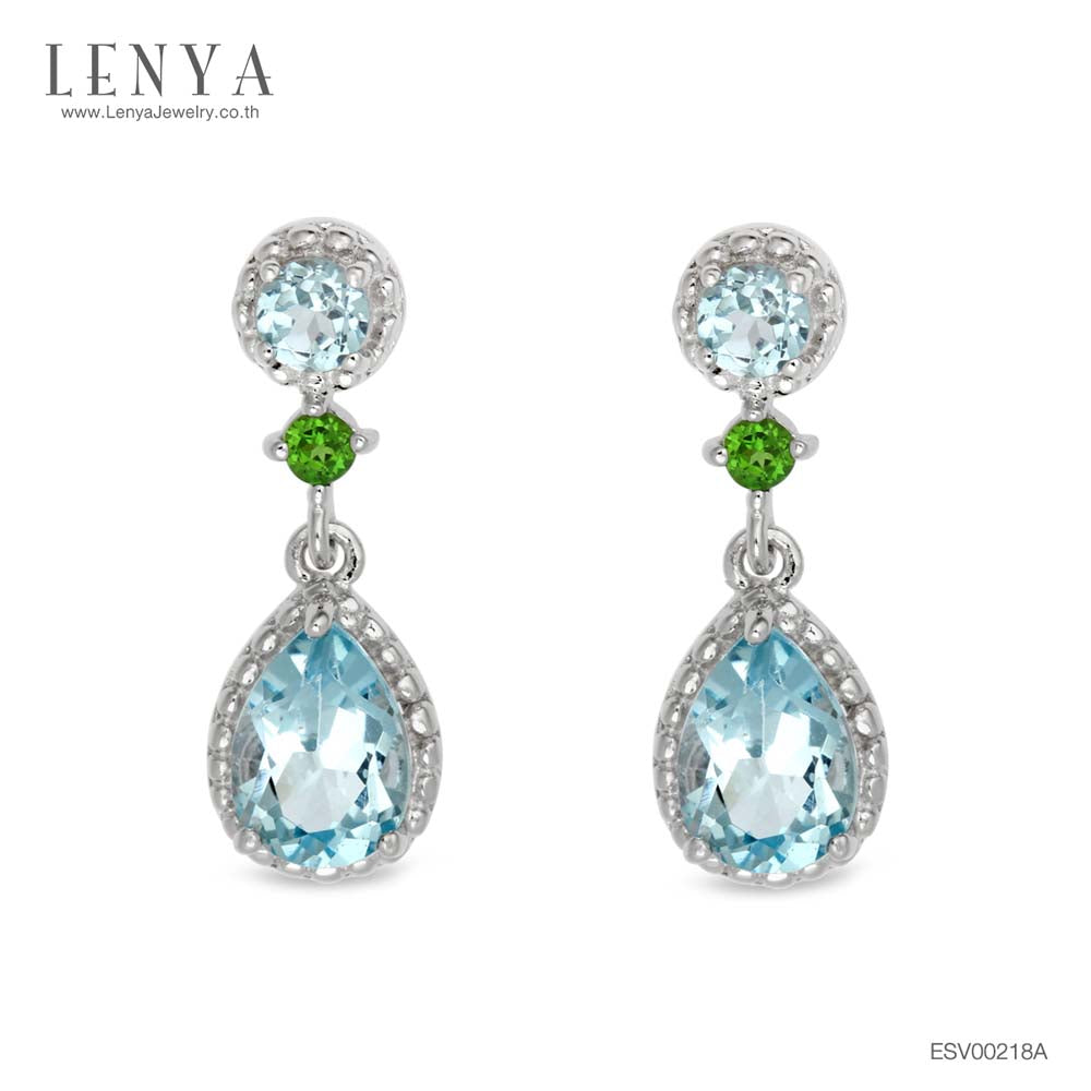 LENYA ต่างหูพลอยบลูโทแพซ เสริมความมั่นใจ ชัดเจน ปัญญา ขนาด 7x5 มิล ตัวเรือนเงินแท้925 ชุบทองคำขาว