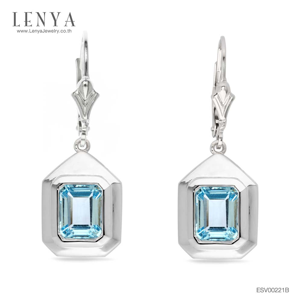 LENYA ต่างหูพลอยบลูโทแพซ เสริมความมั่นใจ ชัดเจน ปัญญา ขนาด 8x6 มิล ตัวเรือนเงินแท้925 ชุบทองคำขาว