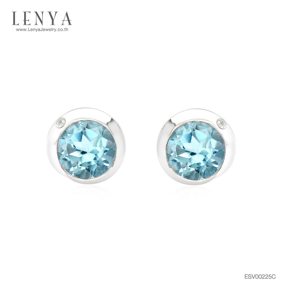 LENYA ต่างหูพลอยบลูโทแพซ เสริมความมั่นใจ ชัดเจน ปัญญา ขนาด 6 มิล ตัวเรือนเงินแท้925 ชุบทองคำขาว