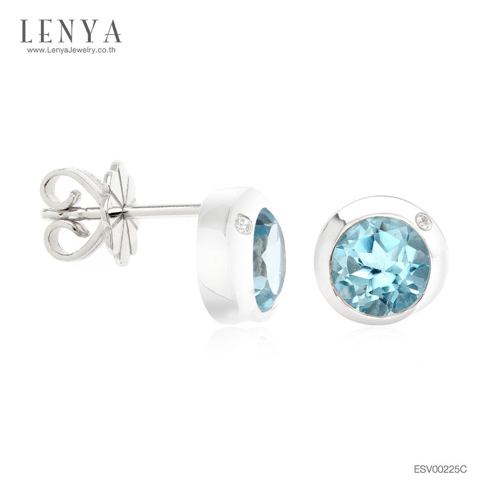 LENYA ต่างหูพลอยบลูโทแพซ เสริมความมั่นใจ ชัดเจน ปัญญา ขนาด 6 มิล ตัวเรือนเงินแท้925 ชุบทองคำขาว