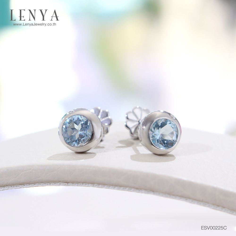 LENYA ต่างหูพลอยบลูโทแพซ เสริมความมั่นใจ ชัดเจน ปัญญา ขนาด 6 มิล ตัวเรือนเงินแท้925 ชุบทองคำขาว
