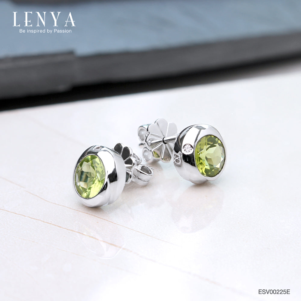 LENYA ต่างหูพลอยเพอริดอท เสริมโชคลาภ ความรัก ชีวิตมั่นคง ขนาด 6 มิล ตัวเรือนเงินแท้925 ชุบทองคำขาว