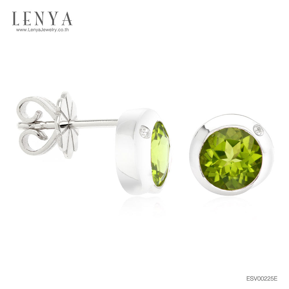 LENYA ต่างหูพลอยเพอริดอท เสริมโชคลาภ ความรัก ชีวิตมั่นคง ขนาด 6 มิล ตัวเรือนเงินแท้925 ชุบทองคำขาว