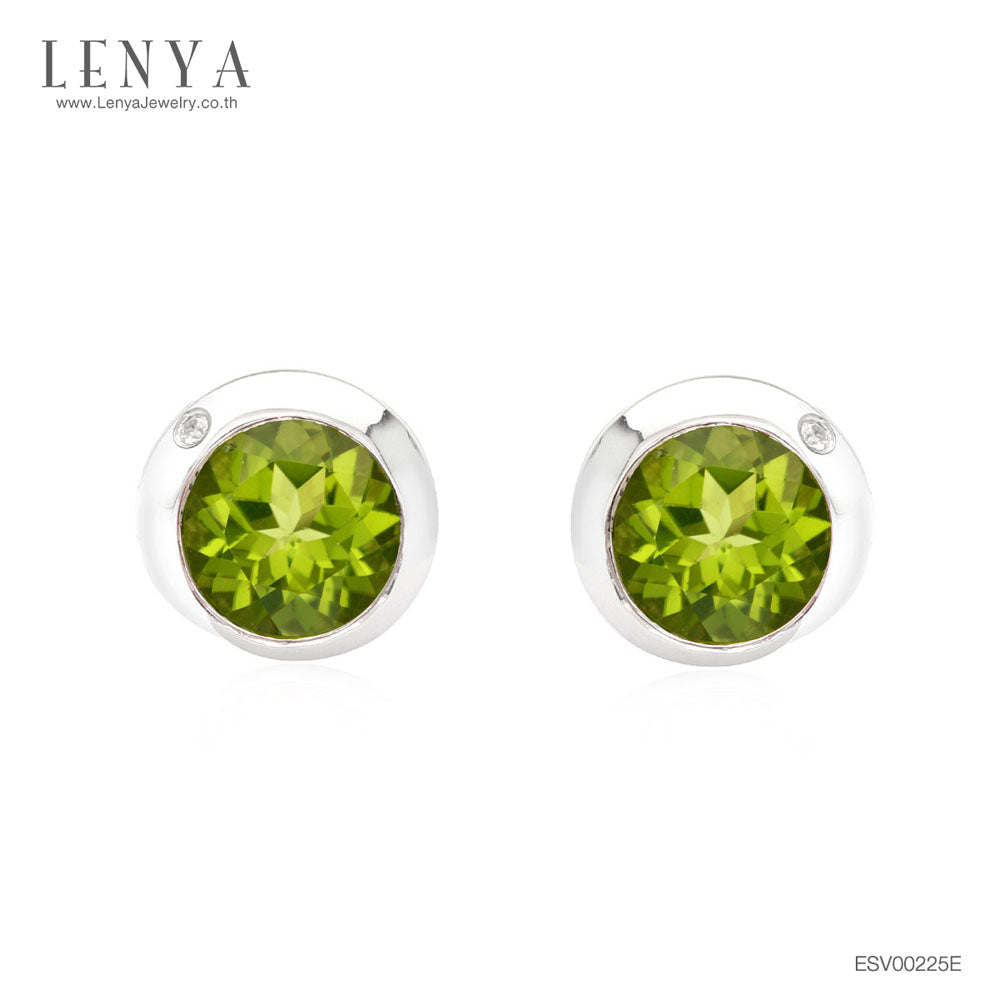 LENYA ต่างหูพลอยเพอริดอท เสริมโชคลาภ ความรัก ชีวิตมั่นคง ขนาด 6 มิล ตัวเรือนเงินแท้925 ชุบทองคำขาว