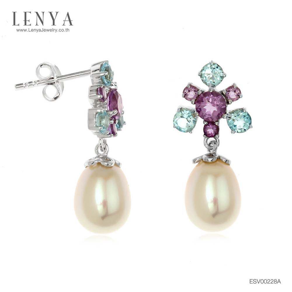 LENYA ต่างหูเงินแท้ 925 ชุบด้วยทองคำขาว ประดับด้วยไข่มุก(Pearl) อเมทิส(Amethyst) และ บลูโทแพซ (Blue Topaz) ดีไซน์น่ารัก เพิ่มความหรูเล็กๆ ดีไซน์น่ารัก