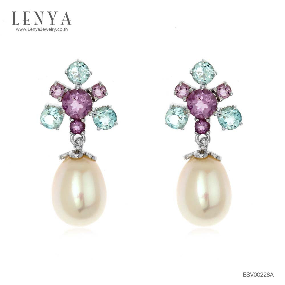 LENYA ต่างหูเงินแท้ 925 ชุบด้วยทองคำขาว ประดับด้วยไข่มุก(Pearl) อเมทิส(Amethyst) และ บลูโทแพซ (Blue Topaz) ดีไซน์น่ารัก เพิ่มความหรูเล็กๆ ดีไซน์น่ารัก
