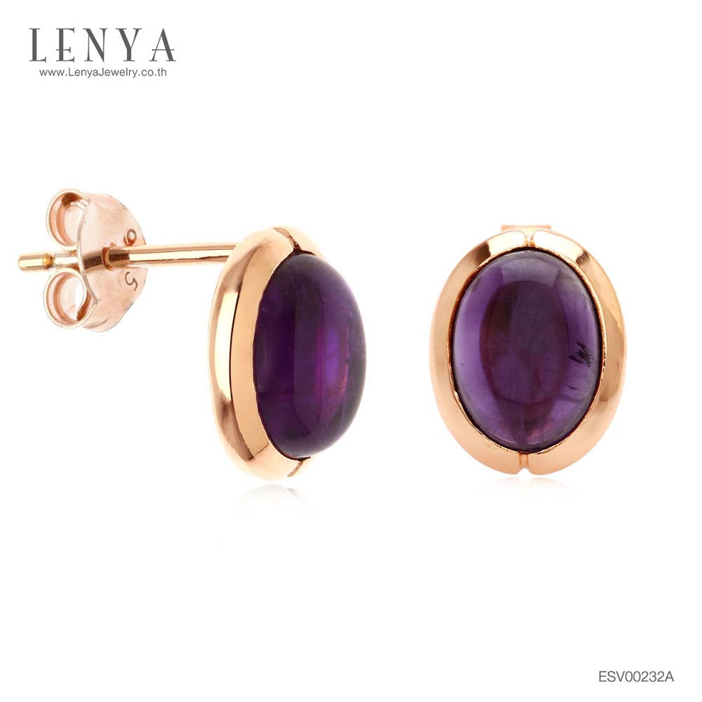 LENYA ต่างหูพลอยอเมทิสต์ เสริมความสงบใจ มีสติ มั่งคั่ง ขนาด 8x6 มิล ตัวเรือนเงิน925 ชุบพิงค์โกลด์