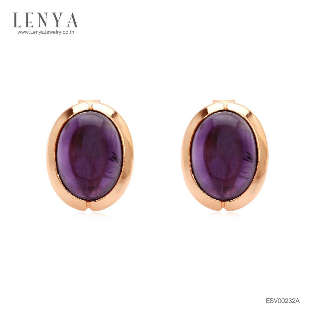 LENYA ต่างหูพลอยอเมทิสต์ เสริมความสงบใจ มีสติ มั่งคั่ง ขนาด 8x6 มิล ตัวเรือนเงิน925 ชุบพิงค์โกลด์